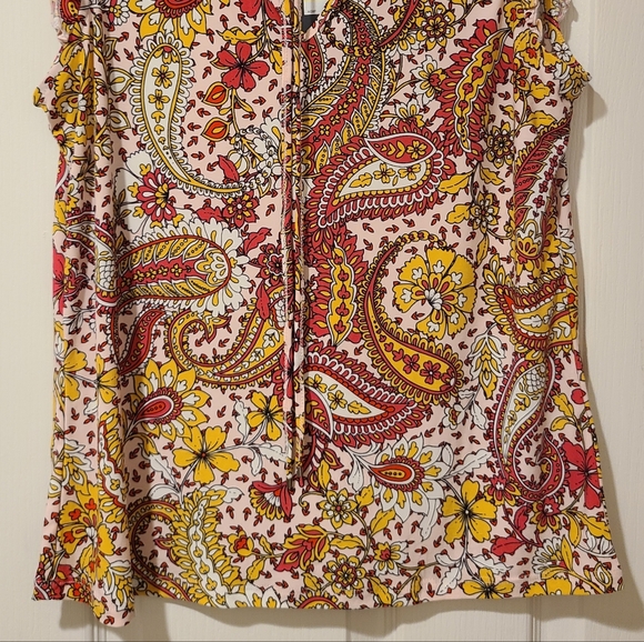 TOMMY HILFIGER PAISLEY RUFFLE SLEEVE FRONT TIE TASSELS TOP - Picture 5 of 14